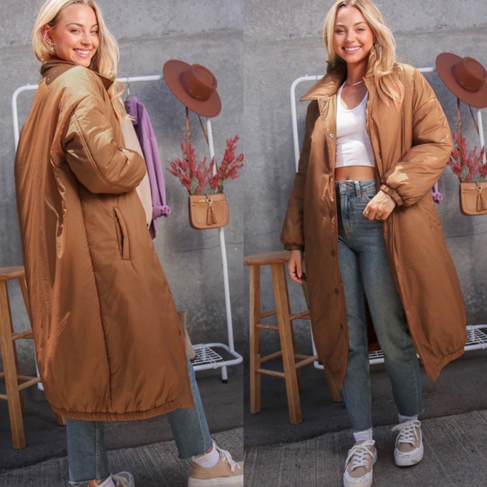 Women's Tan Puffer Oversized Longline Cozy Stylish Coat